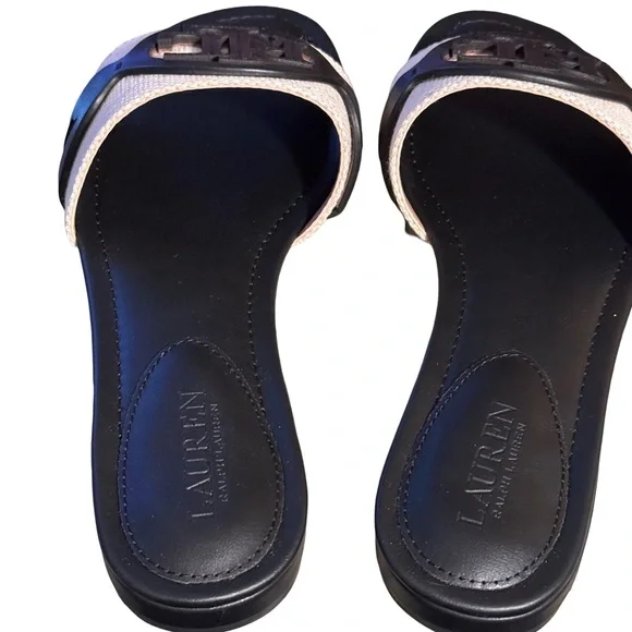 Ralph Lauren NWT Sz 6.5 Alegra Black & Cream Leather Flat Slide Sandals (SH280) - Picture 4 of 11